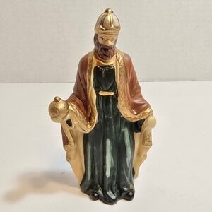 Vintage Nativity Wise Man King Figurine Holding Orb Gold Robe
